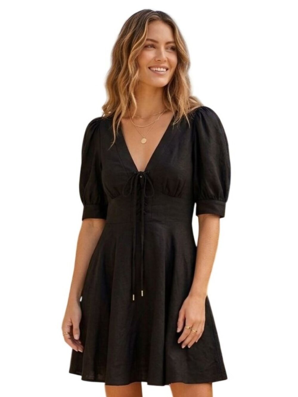 House of Harlow 1960 NWT Black Linen Blend Tie Front Of Sleeve Mini Dress Size 4